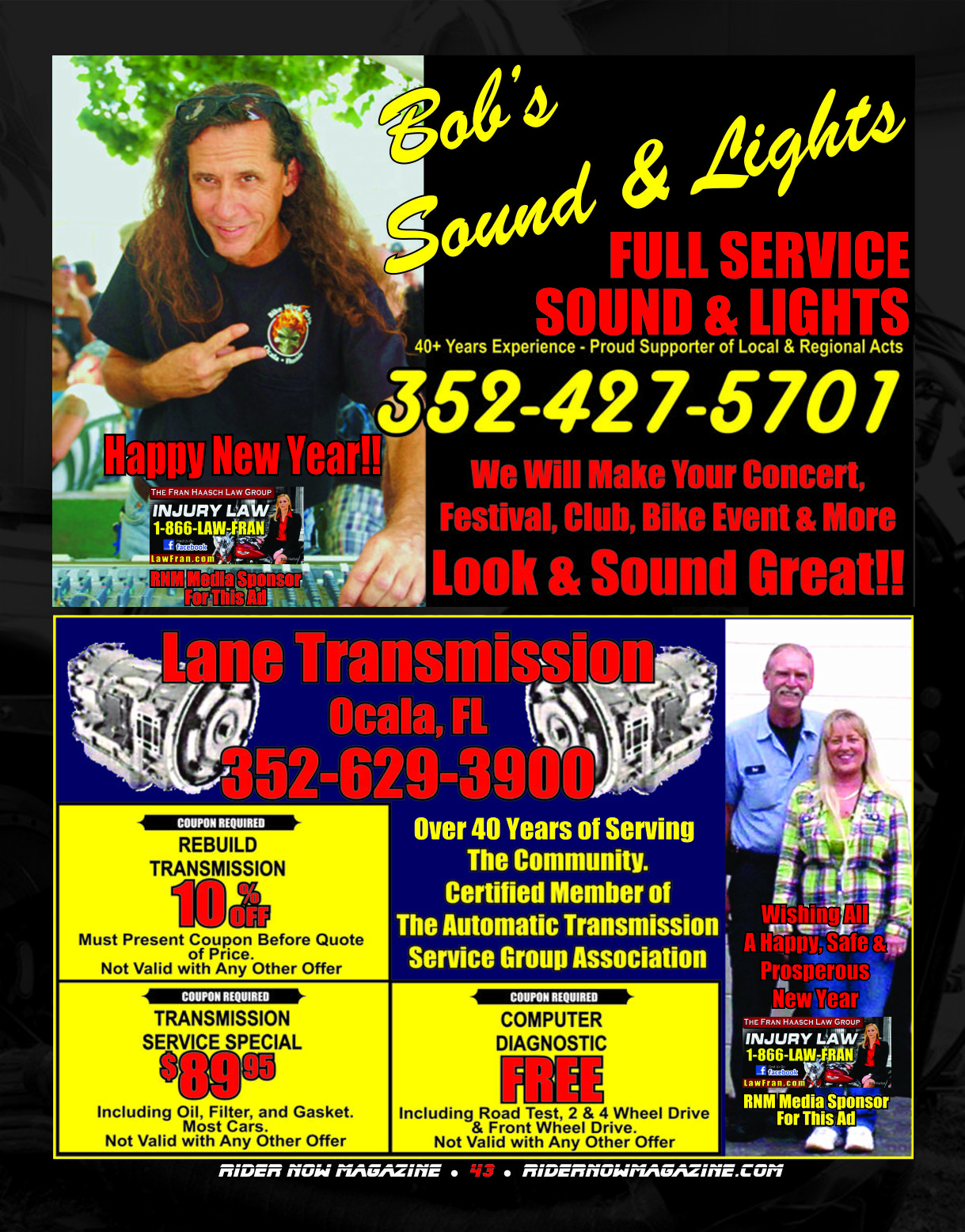 Bob's Sound & Lights and Lane's Transmission Ads